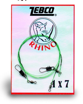 2 Stück RHINO Stahlvorfach 1x7 mit Tönnchen- und Sicherheitswirbel mit Karabiner - 50 cm - 9 kg - 0,27mm