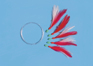 Makrelenvorfach 5 Haken #1/0 - Federn rot-weiss-glitter