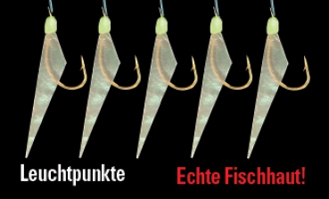 DEGA Heringsvorfach MINI echte Fischhaut 5 Haken #7 Leuchtpunkte
