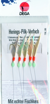 DEGA Herings- und Pilkvorfach echte Fischhaut 5 Haken #2 + Leuchtperlen