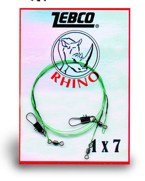 2 Stück RHINO Stahlvorfach 1x7 mit Tönnchen- und Sicherheitswirbel mit Karabiner - 70 cm - 9 kg - 0,27mm