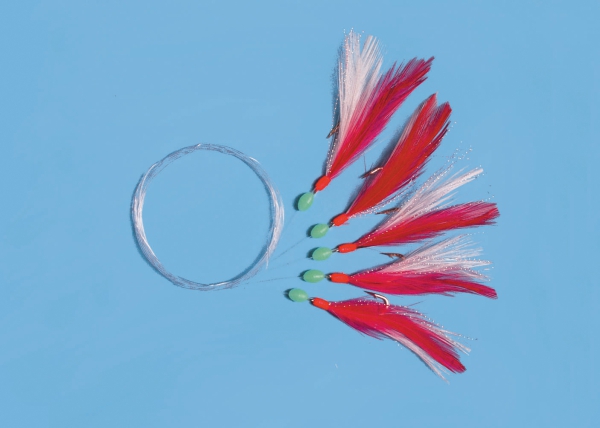 Makrelenvorfach 5 Haken #1/0 - Federn rot-weiss-glitter
