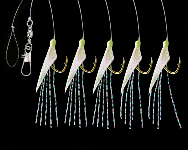 DEGA Herings-Vorfach echte Fischhaut 5 Haken #8 Leuchtpunkte + Glitter