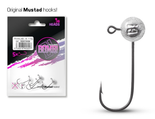 5 Stück - Jig Kopf Delphin BOMB Micro Jig ohne Schaft - MUSTAD-Haken #6 - 5 Gramm