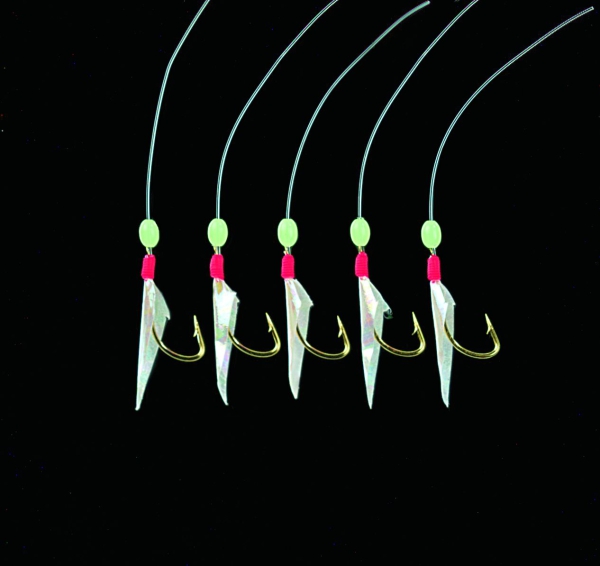 DEGA Herings- und Pilkvorfach echte Fischhaut 5 Haken #2 + Leuchtperlen